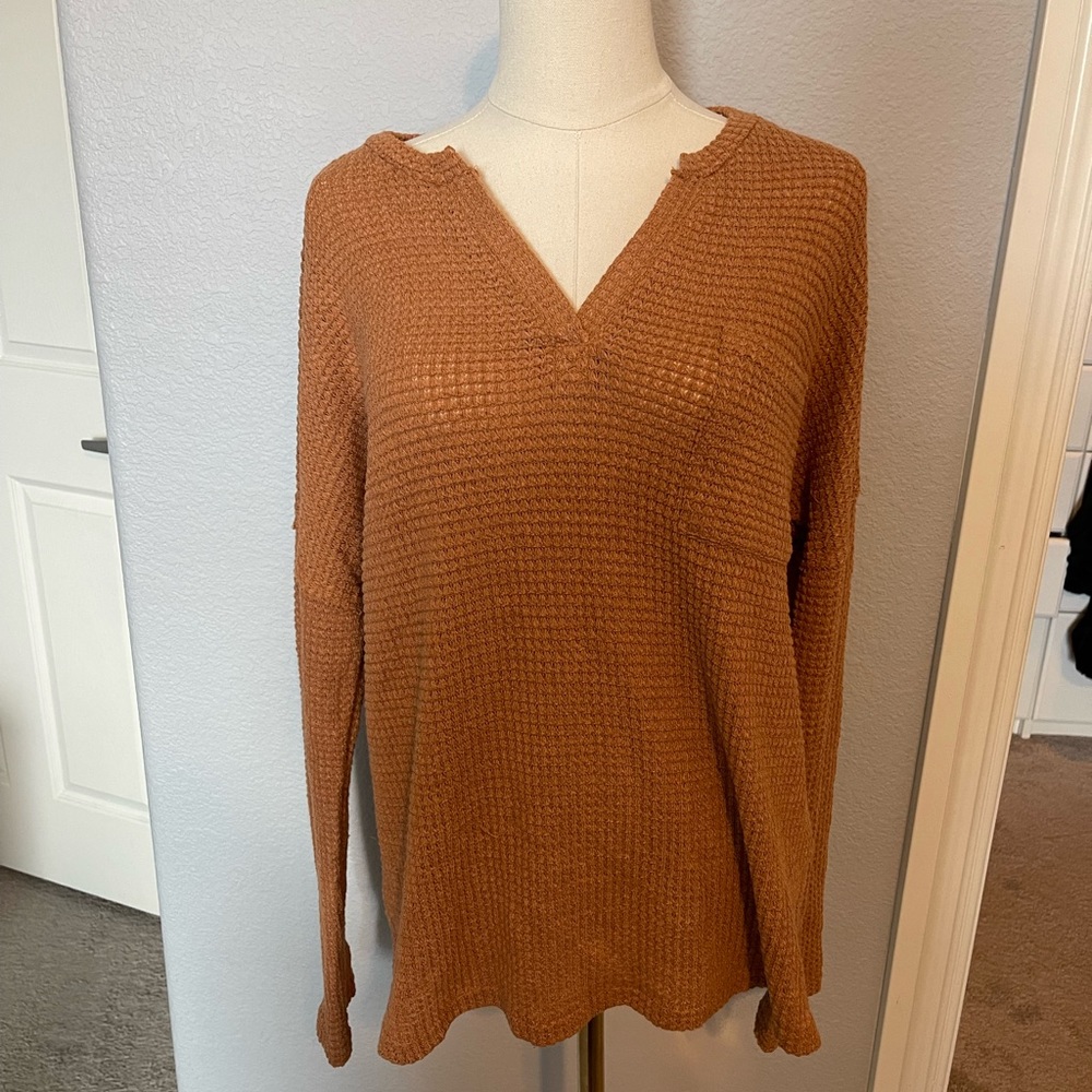 Trendy Queen Women's V Neck Long Sleeve Loose Oversized Waffle Knit Shirt-M
